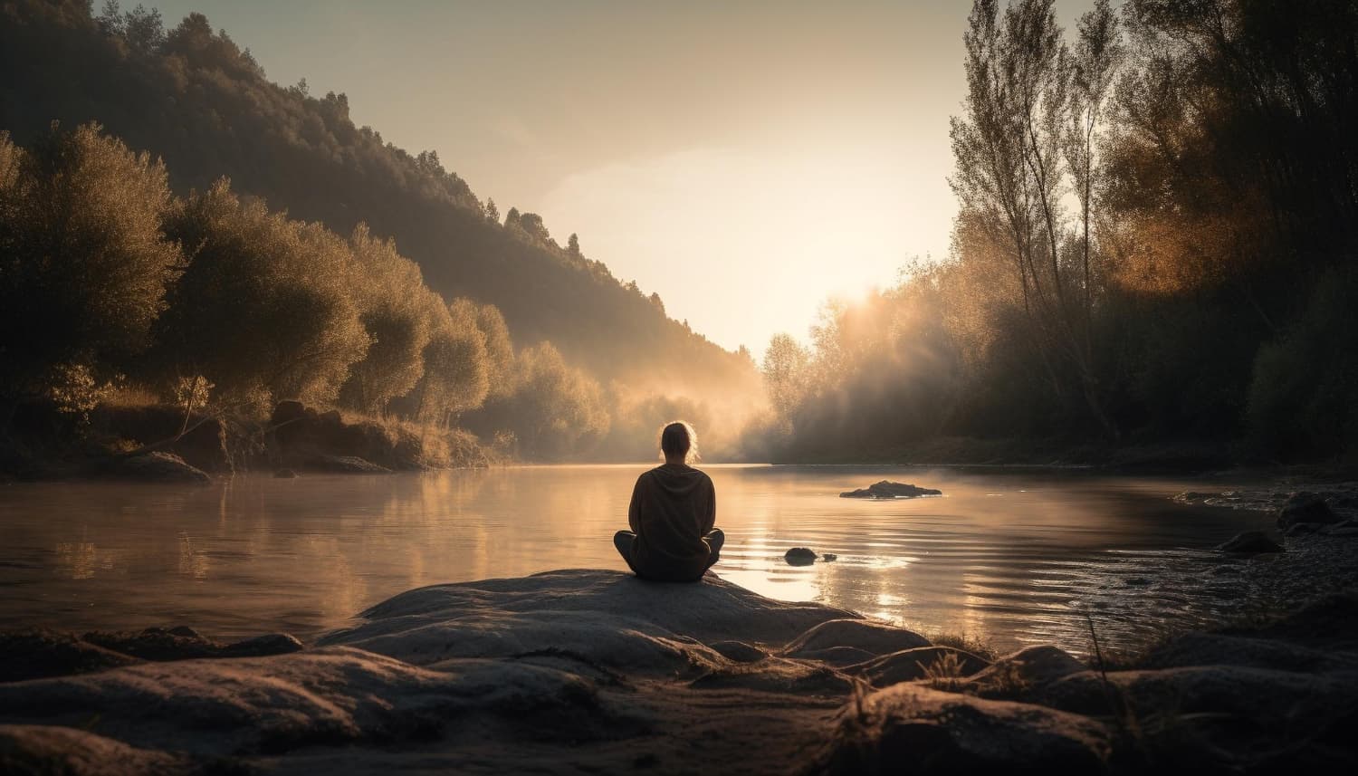 Mujer en la naturaleza meditando en soledad